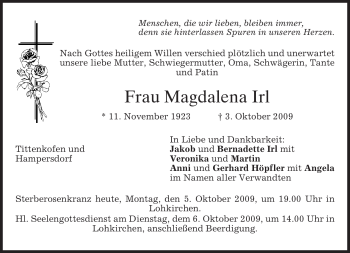 Todesanzeige von Magdalena Irl von MERKUR & TZ