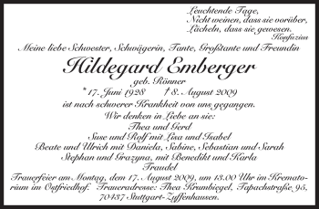 Todesanzeige von Hildegard Emberger von MERKUR & TZ