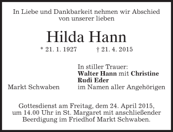 Todesanzeige von Hilda Hann von merkurtz