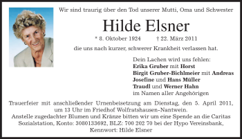 Todesanzeige von Hilde Elsner von MERKUR & TZ