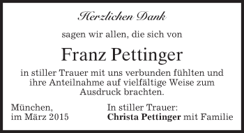 Todesanzeige von Franz Pettinger von merkurtz