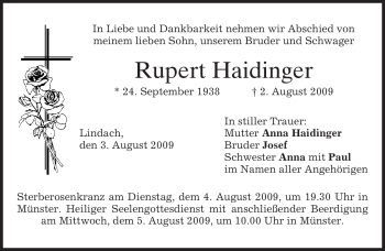Todesanzeige von Rupert Haidinger von MERKUR & TZ
