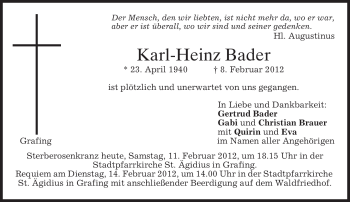 Todesanzeige von Karl-Heinz Bader von MERKUR & TZ