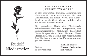 Todesanzeige von Rudolf Niedermeier von MERKUR & TZ