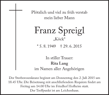 Todesanzeige von Franz Spreigl von merkurtz