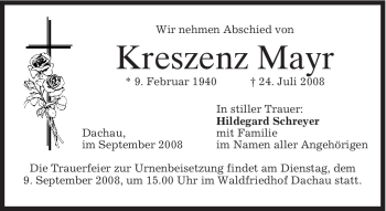 Todesanzeige von Kreszenz Mayr von MERKUR & TZ