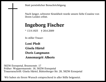 Todesanzeige von Ingeborg Fischer von MERKUR & TZ