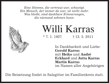 Todesanzeige von Willi Karras von MERKUR & TZ