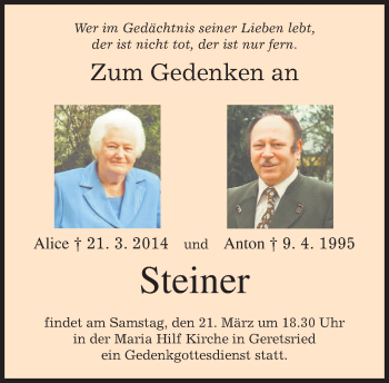 Todesanzeige von Alice und Anton Steiner von merkurtz