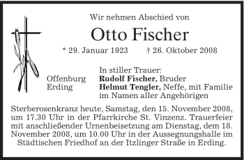 Todesanzeige von Otto Fischer von MERKUR & TZ
