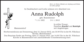 Todesanzeige von Anna Rudolph von MERKUR & TZ