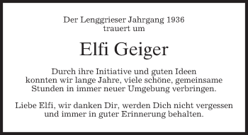 Todesanzeige von Elfi Geiger von merkurtz
