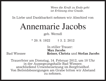 Todesanzeige von Annemarie Jacobs von MERKUR & TZ
