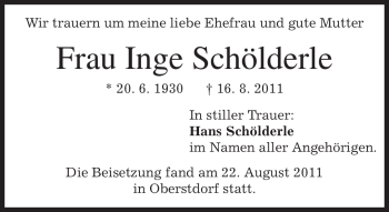 Todesanzeige von Inge Schölderle von MERKUR & TZ
