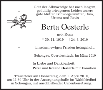 Todesanzeige von Berta Oesterle von MERKUR & TZ