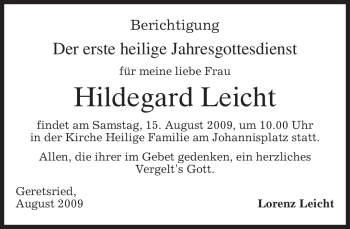 Todesanzeige von Hildegard Leicht von MERKUR & TZ