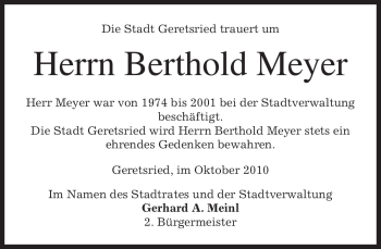 Todesanzeige von Berthold Meyer von MERKUR & TZ