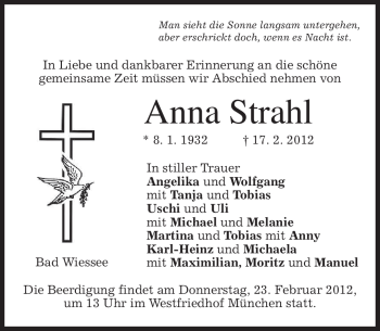 Todesanzeige von Anna Strahl von MERKUR & TZ