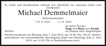 Todesanzeige von Michael Demmelmaier von MERKUR & TZ