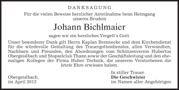 Todesanzeige von Johann Bichlmaier von MERKUR & TZ