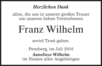 Todesanzeige von Franz Wilhelm von MERKUR & TZ