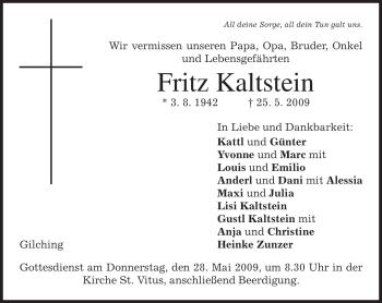 Todesanzeige von Fritz Kaltstein von MERKUR & TZ