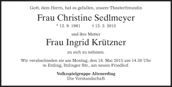 Todesanzeige von Christine Sedlmeyer und Ingrid Krützner   von merkurtz