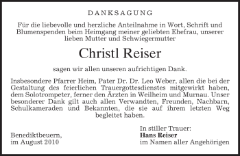 Todesanzeige von Christl Reiser von MERKUR & TZ