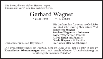 Todesanzeige von Gerhard Wagner von MERKUR & TZ