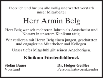 Todesanzeige von Armin Belg von MERKUR & TZ