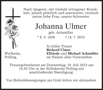 Todesanzeige von Johanna Ulmer von MERKUR & TZ