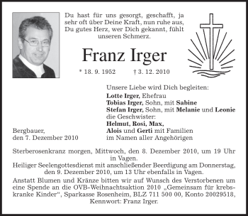 Todesanzeige von Franz Irger von MERKUR & TZ