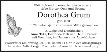 Todesanzeige von Dorothea Grum von MERKUR & TZ