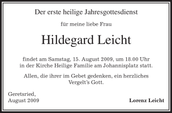 Todesanzeige von Hildegard Leicht von MERKUR & TZ