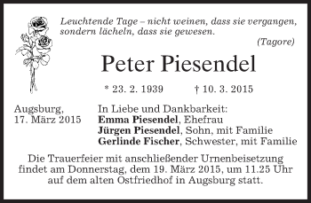 Todesanzeige von Peter Piesendel von merkurtz