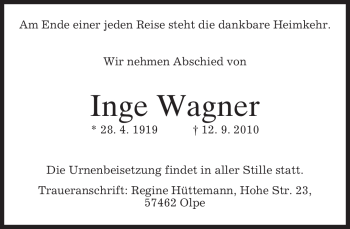 Todesanzeige von Inge Wagner von MERKUR & TZ