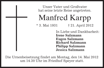 Todesanzeige von Manfred Karpp von MERKUR & TZ