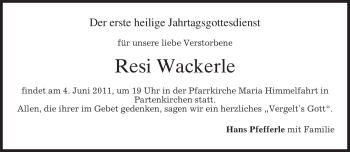 Todesanzeige von Resi Wackerle von MERKUR & TZ