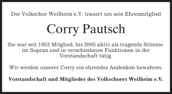 Todesanzeige von Corry Pautsch von MERKUR & TZ