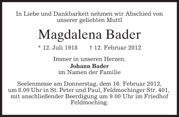 Todesanzeige von Magdalena Bader von MERKUR & TZ