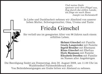 Todesanzeige von Frieda Ginschel von MERKUR & TZ
