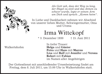 Todesanzeige von Irma Wittekopf von MERKUR & TZ