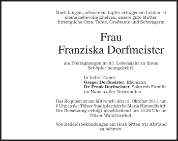 Todesanzeige von Franziska Dorfmeister von MERKUR & TZ