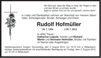 Todesanzeige von Rudolf Hofmüller von MERKUR & TZ