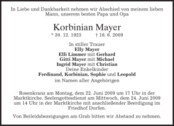 Todesanzeige von Korbinian Mayer von MERKUR & TZ