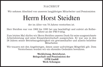 Todesanzeige von Horst Steidten von MERKUR & TZ