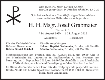 Todesanzeige von Josef Grabmaier von MERKUR & TZ