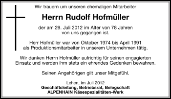 Todesanzeige von Rudolf Hofmüller von MERKUR & TZ
