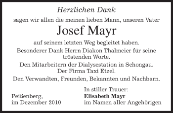 Todesanzeige von Josef Mayr von MERKUR & TZ