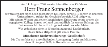 Todesanzeige von Franz Sonnenberger von MERKUR & TZ